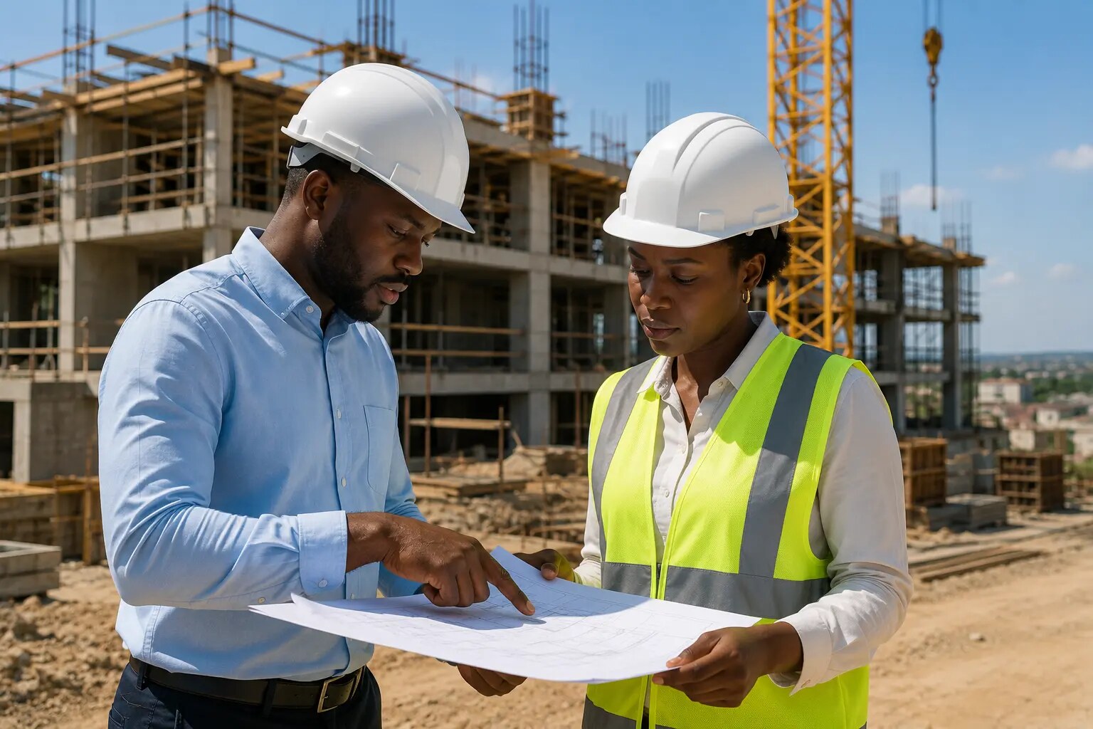 Deux professionnels contrôlant les plans sur un chantier de construction