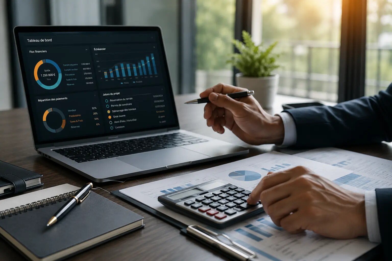 Tableau de suivi des flux financiers et des jalons d’un projet immobilier